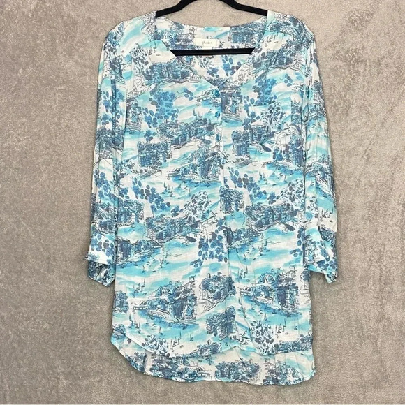 Cj Banks 1X Top Shirt Blue Floral Landscape Button Up V Neck 3/4 Sleeve High Low - Picture 1 of 7